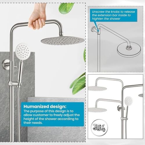 Brushed Nickel Exposed Shower System 8" Rain Shower Faucet set with Hand Shower - Picture 5 of 24