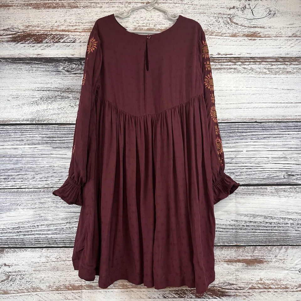 Gymboree Size 8 Girls Peasant Dress Boho Ruffled Long Sleeve Burgundy Embroidery - Image 2 of 4