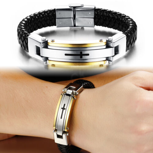 Men's Stainless Steel Cross Black Braided Leather Bracelet Cuff Bangle Wristband - Picture 1 of 8