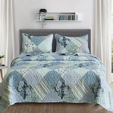 3Pcs King Size Floral Quilt Set Reversible Bedspread Coverlet Comforter Blanket