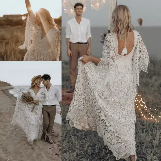 chinese dress ladies A Line Boho Wedding Dresses Short Lantern Sleeve Lace GYPSY Bridal Gow –  TANYA BRIDAL