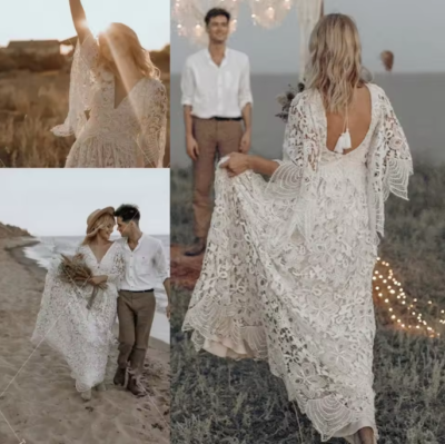 Flare Sleeve crochet Lace Wedding Dresses Boho GYPSY V-Neck beach bohemian Brida | eBay Flare Sleeve crochet Lace Wedding Dresses Boho GYPSY V-Neck beach bohemian Brida | eBay