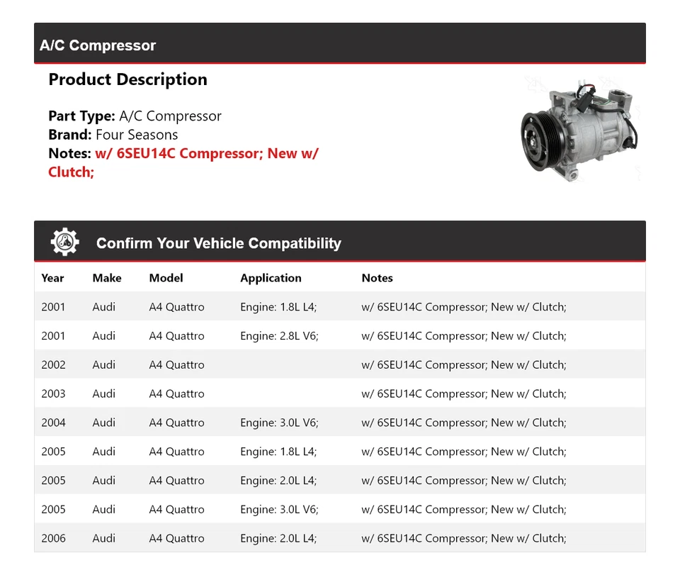 Compresor de aire acondicionado para Audi A4 Quattro 2001-2006 4 estaciones 2002 2003 2004 2005 Foto 2 de 4