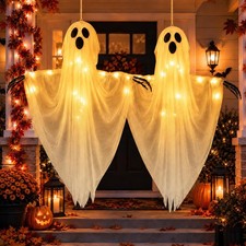 2Pcs White Hanging Ghost Outdoor - Halloween Spooky Porch Decor 33.5  Spooky Gho