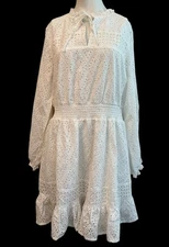 Belldini XL White Eyelet Casual Summer Dress Long Sleeve Lined Ruffled NWT