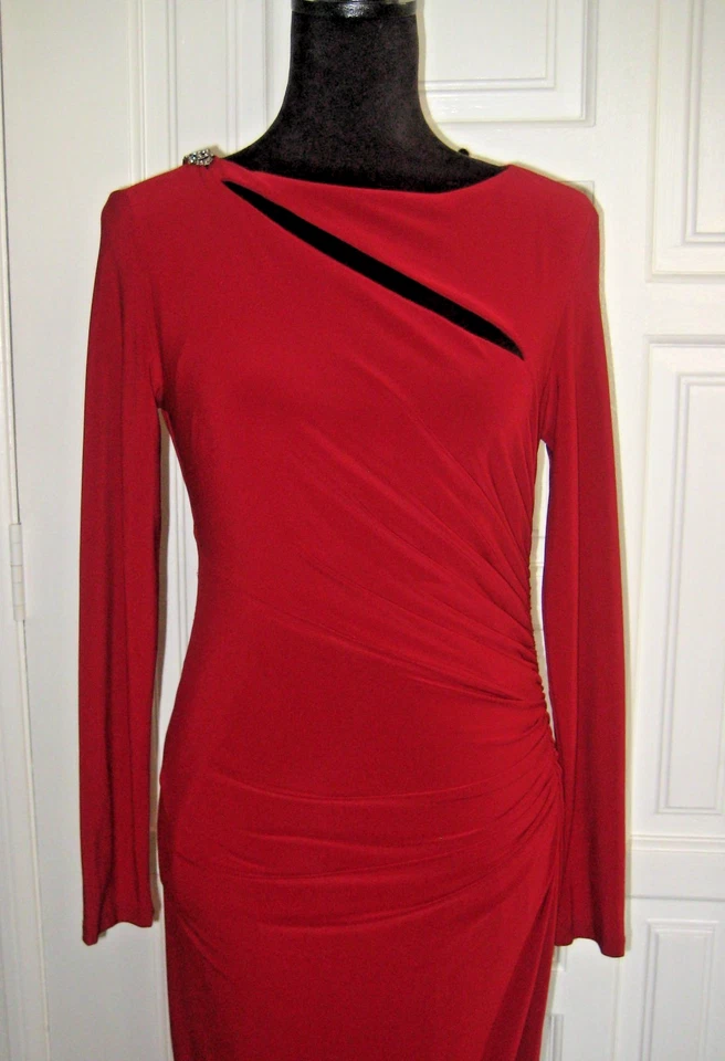 Lauren Ralph Lauren red stretch jersey knit ruched cutouts slit evening gown 4 - Image 3 of 4
