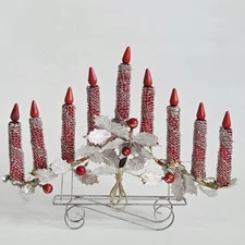 Vtg Mirostar Candolier 9 Lights Foil Leaves Menorah Candelabra Red Silver