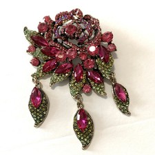 Large Pink Green Rhinestone Rose Brooch Dangle Floral Statement Pin 4"