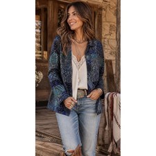 Coldwater Creek Blue Patchwork Tapestry Paisley Jacquard Jacket L Boho Artsy