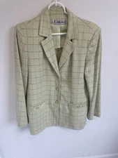 Vintage Carlisle Checkered Plaid Green Skirt Suit Set Sz 10 Wool Silk Cotton