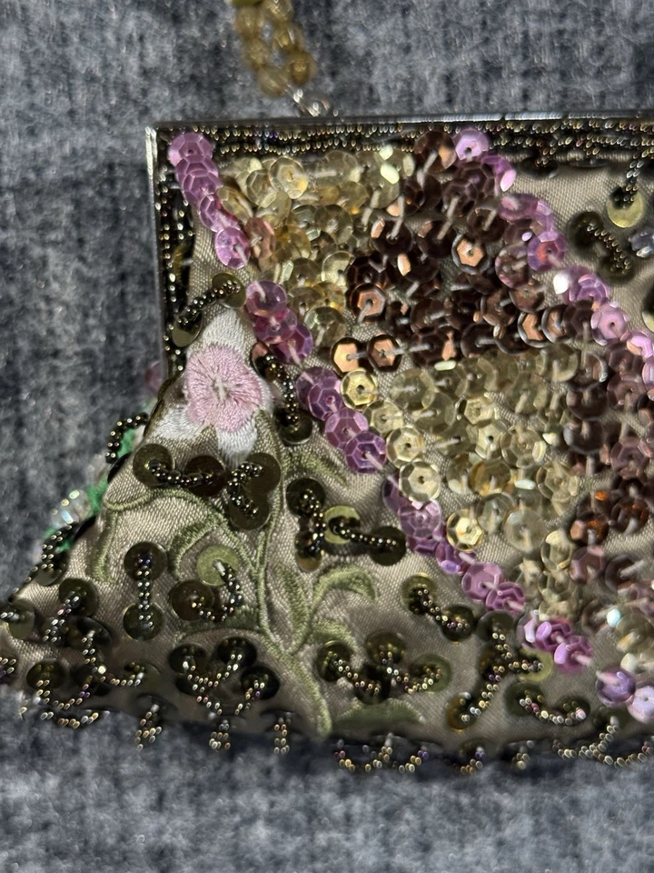 Aldo Beaded Floral Satin Evening Bag Green Embroidered Clutch Purse Bead Handle - Image 2 of 4
