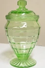 Anchor Hocking Block Optic Green Uranium Glass Footed Candy Dish 6.5"