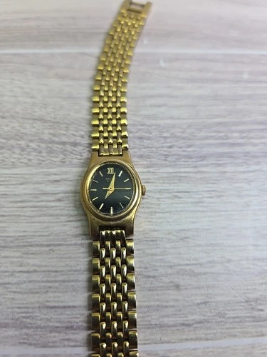 Seiko Watch Women 18mm Black Dial Gold Tone Oval V401-5109 New Battery ABC123