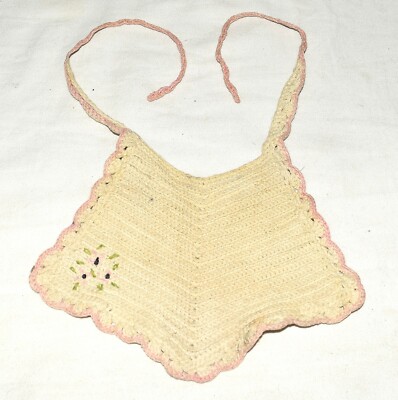 Vintage Crochet Cream Pink Scalloped Edges with Flower Apron Bib for Large Doll