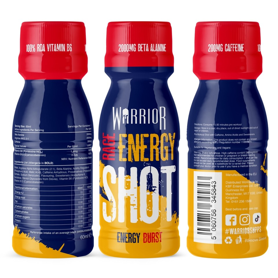 Pre workout Shots 12 Pack Energy, Warrior Ready Drink, Caffeine
