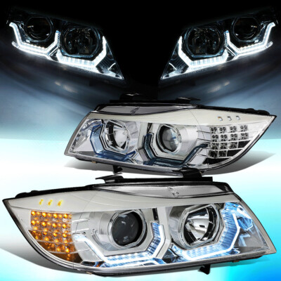 BMW 3Dガラス FOR 2006-2008 BMW 3-SERIES E90 PAIR BLACK HEADLIGHT W/BLUE