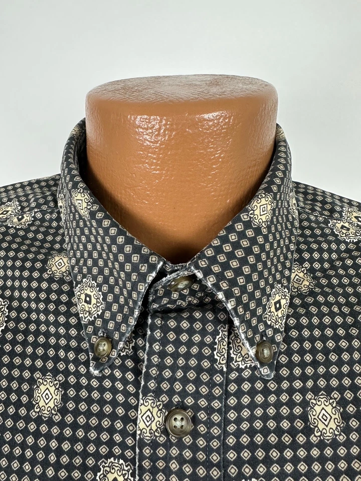 Distressed Medallion Paisley Shirt L Black Beige Long Sleeve Natural Issue FLAWS - Image 4 of 4