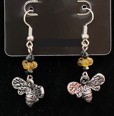 Handmade Bee with Black Crystal & Yellow Glass Bead Earrings by Neanie-Bot