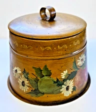 Vintage Painted Large Tin Folk Art Toleware Hand Painted Primitive Storage Metal