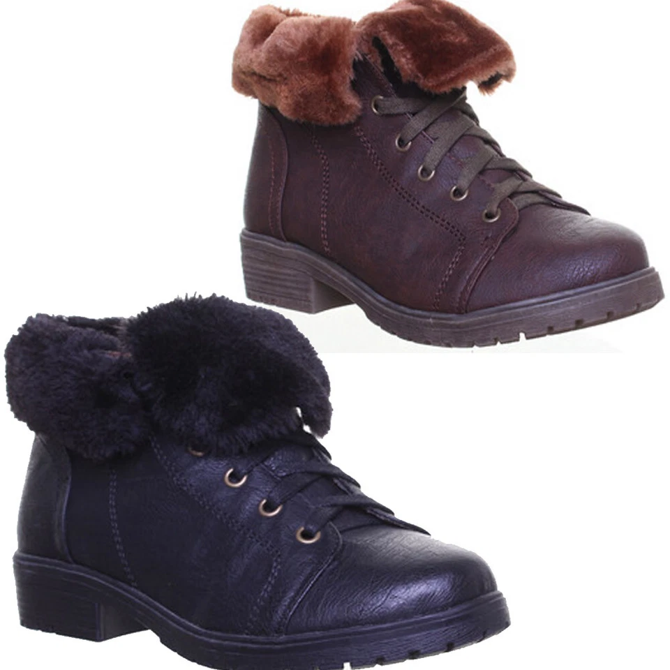 12520 Femmes Bloc Talon Bout Rond Fourrure Combat Bottes en Marron Taille - Photo 1/1