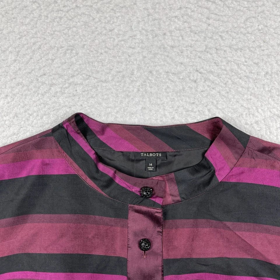 Talbots Shirt Womens 14 Purple Black Stripes Gem Jewel Buttons Silk Top Holiday - Image 4 of 4
