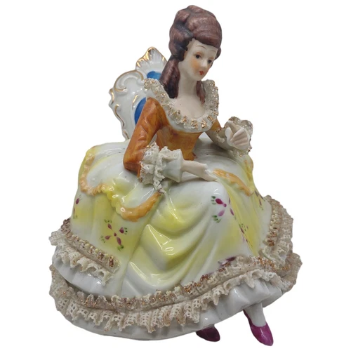 Antique Dresden Woman On Chair Porcelain Lace Figurine Victorian Edwardian FLAW