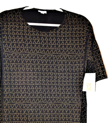 LuLaRoe XS Irma Tshirt Top Black Gold Triangles Polkadots Elegant
