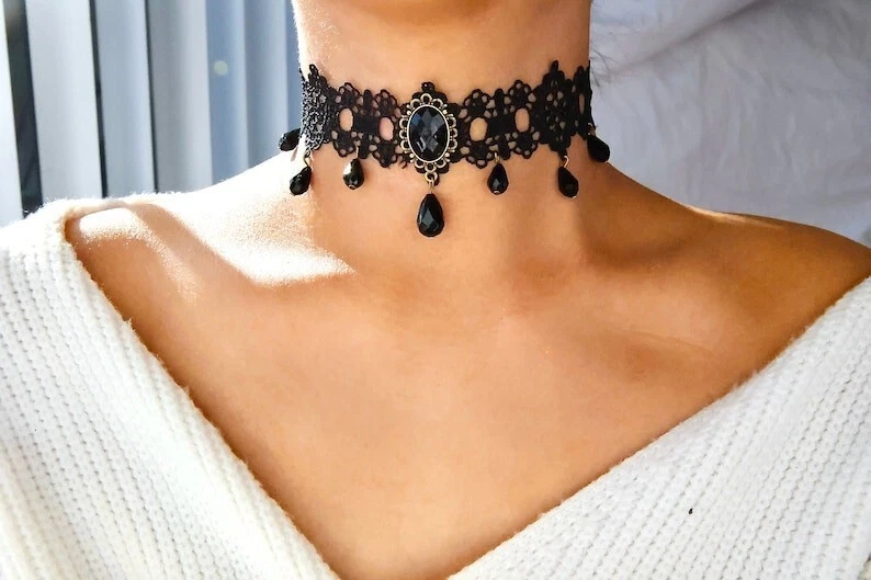 Collar Gargantilla Victoriano Negro Encaje con Cuentas Negras Vintage Sexy Punk Gótico Foto 2 de 4