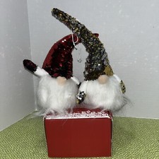 Set of 2 Gnome Holiday Figurines Light Up Christmas Gnomes in Sequined caps NEW