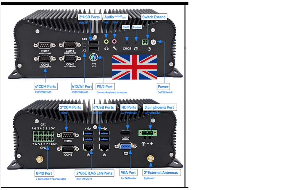 🇬🇧 Intel Core i7 8550U Fanless Mini PC 6*RS232 2*LAN,HDMI,VGA,GPIO,WiFi,LTE