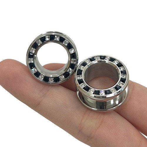 Surgical Steel Pressed Rimmed Black Clear CZ Screw Tunnel Ear Plugs Sold as Pair - Picture 26 of 26