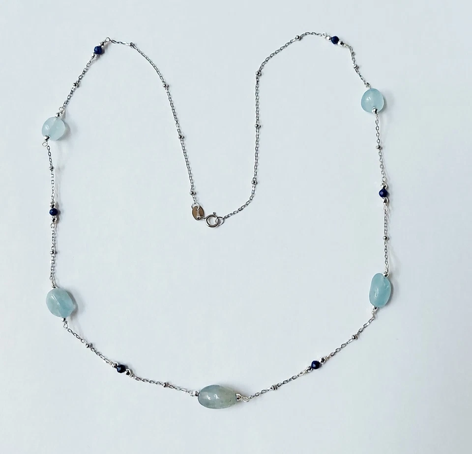 Collana in argento 925 lunga 50 cm con acquamarina, lapislazzuli ematite argenta - Immagine 3 di 4