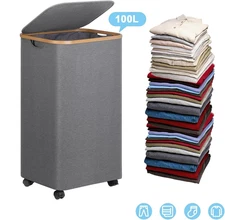 Wheeled Laundry Hamper with Lid, 100L Large Grey Clothes Basket Bamboo Handles