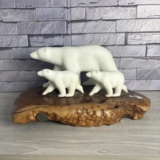 Polar Bear and 2 Cubs Sculpture from John Perry  Burlwood Wood Slab Bear Family