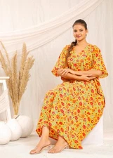 Hand Block Printed Cotton Kaftan Beach Coverup Floral Summer Fashion Sleepwear