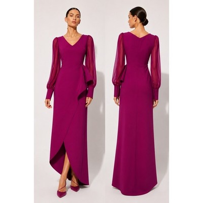 Chiara Boni La Petite Robe Magenta Ruffle Gown Sheer Bishop Sleeve Dress 4
