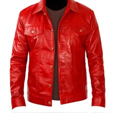 Men's New Red Trucker Leather Shirt. Real Soft Sheepskin Biker leather Shirt.