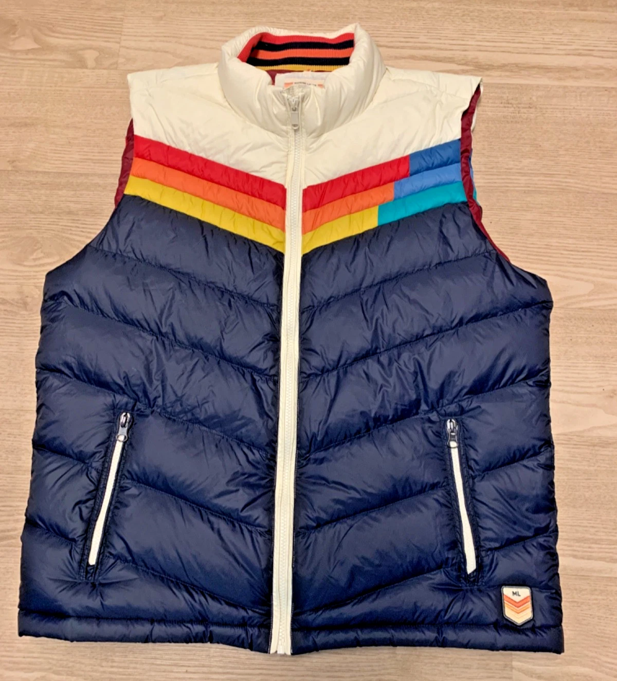 Marine Layer Archive Boreal Puffer Vest Navy Sunset Colorblock Jacket - Men's L