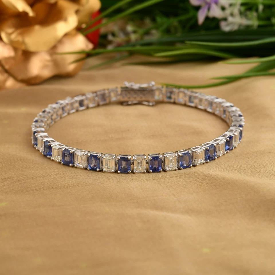15.59 TCW Natürlich Blauer Saphir Si / H Diamant Oktagon Armband 14k Weiss Gold - Bild 4 von 4