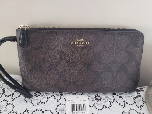 Portafoglio grande Coach Signature logo doppia zip 11 scomparti con etichetta