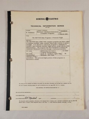 General Electric Tech Info Series: The BETTER Data Program; I Powered Flight