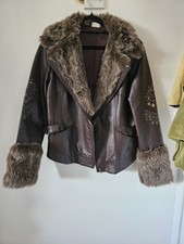 Vintage Brown Real Leather Jacket Faux Fur Trim
