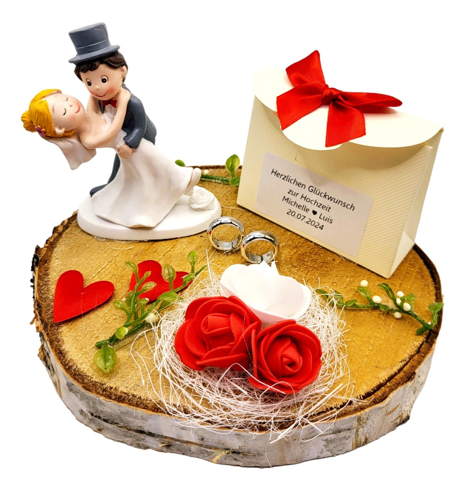 Geldgeschenk zur Hochzeit rot weiß auf Baumscheibe Brautpaar