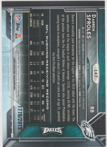 Darren Sproles 2015 Topps #147 Gold Foil 1776/2015 Philadelphia Eagles - Picture 2 of 2