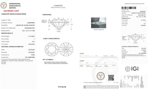 1.13 Ct ROUND Cut IGI Certified Lab Grown CVD Diamond F Color VS2 Clarity STONE - Picture 2 of 10
