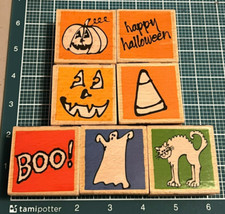Rubber Wood stamps Lot of 7 Halloween Cat, Ghost, "BOO", Candy Corn, MORE 