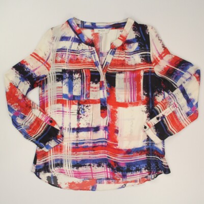 Milly Women's Silk Blouse Top Size 8 Multicolor Print Pullover Long Sleeve