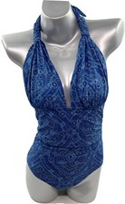 Old Navy Swimsuit Size Medium Blue Paisley Halter Plunge V Neck One Piece Womens