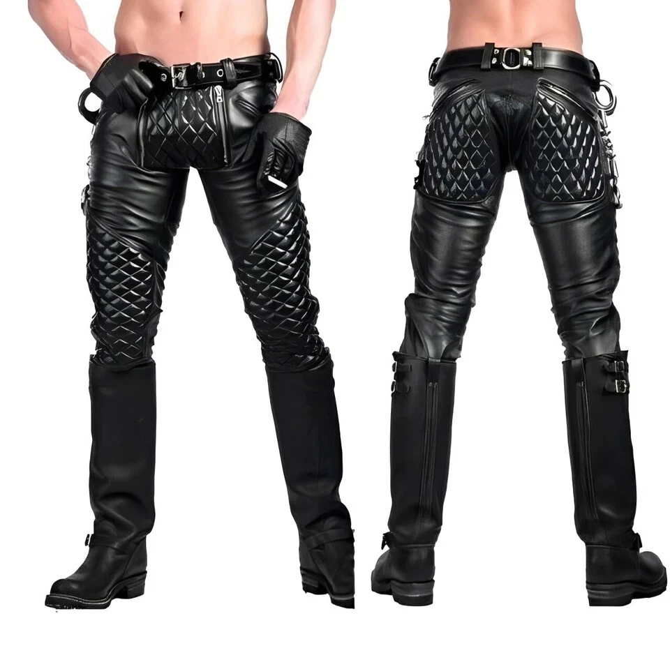 Mens Biker Jeans Real Black Leather Pants Punk Kink Motorcycle Trousers - Image 4 of 4