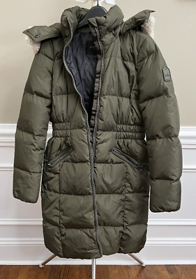 Coach Women Long Hooded Full Zip Puffer Down Coat Green with Faux